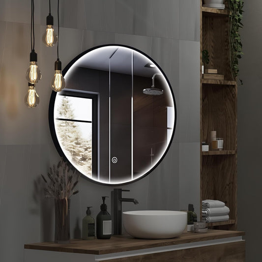 24 Inch round LED Bathroom Mirror, Circle Frame Recessed Light Strip Design Modern Vanity Mirror, Anti-Fog Smart Mirror with Stepless Color Temperature Adjustable 3000-6000K, Black