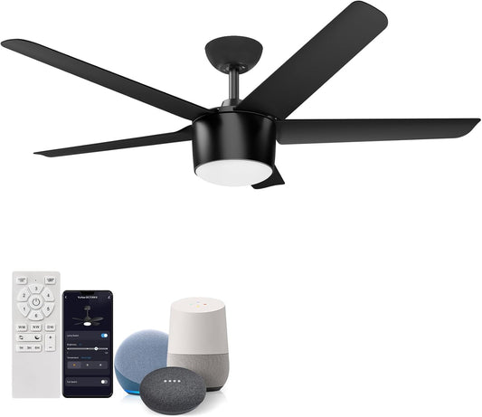 52 Inch Smart Ceiling Fan, DC Reversible Motor Noiseless Timing 3CCT Dimmable, Black Ceiling Fan Compatible with Alexa Tuya App for Living Room Indoor & Outdoor ETL