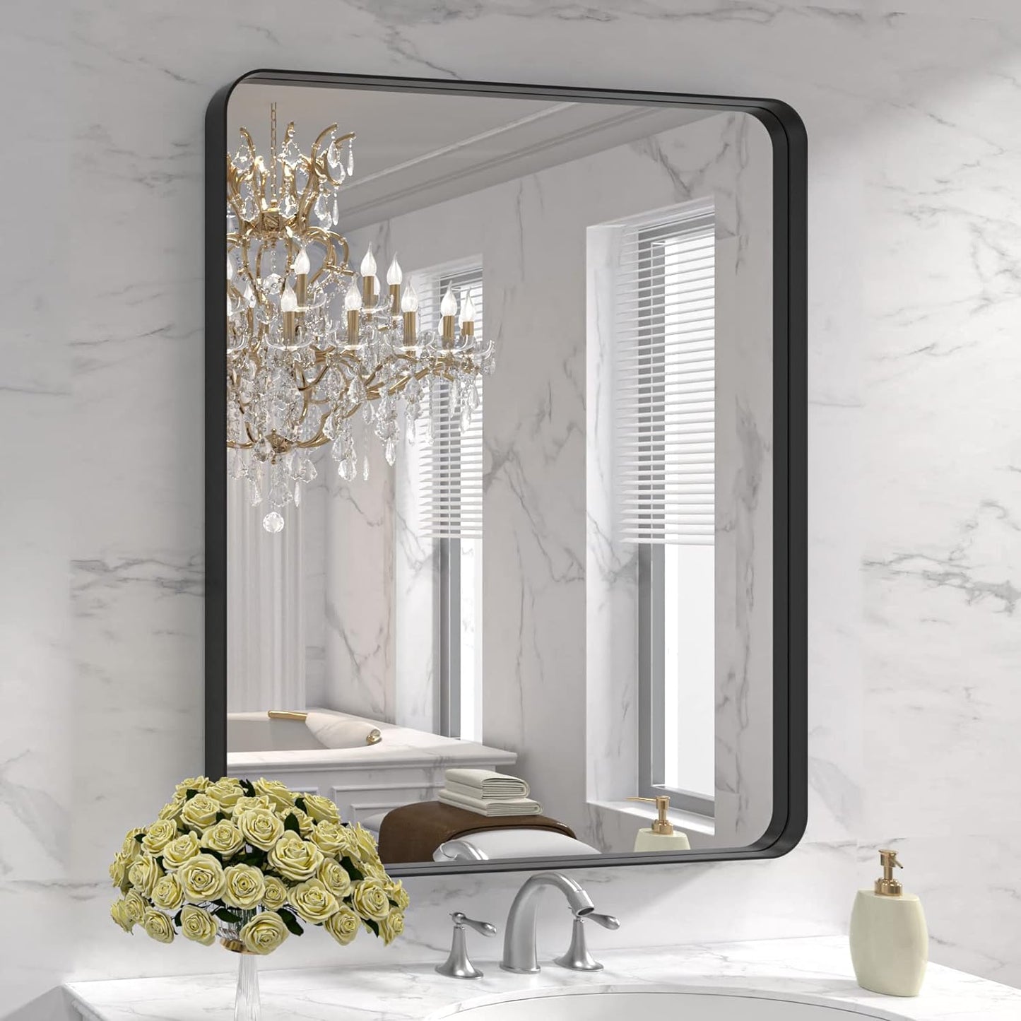 50X30 Inch Black Metal Framed Bathroom Mirror for Wall, Matte Black Bathroom Vanity Mirror Farmhouse, Large Rounded Rectangle Mirror, Anti-Rust, Tempered Glass, Hangs Horizontally or Vertically