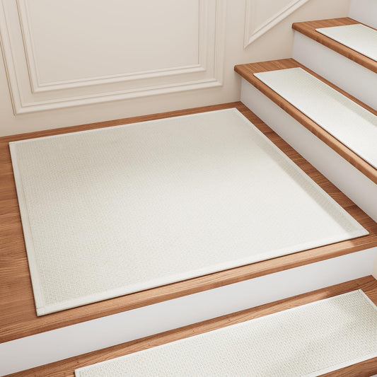 Stair Treads Carpet for Wooden Steps with Non Slip Rubber Backing, 100% Polyester Soft Stairs Resistant Indoor Skid Runner Safety Rugs for Kids Elders and Pets (1, Cream, 31" * 31")