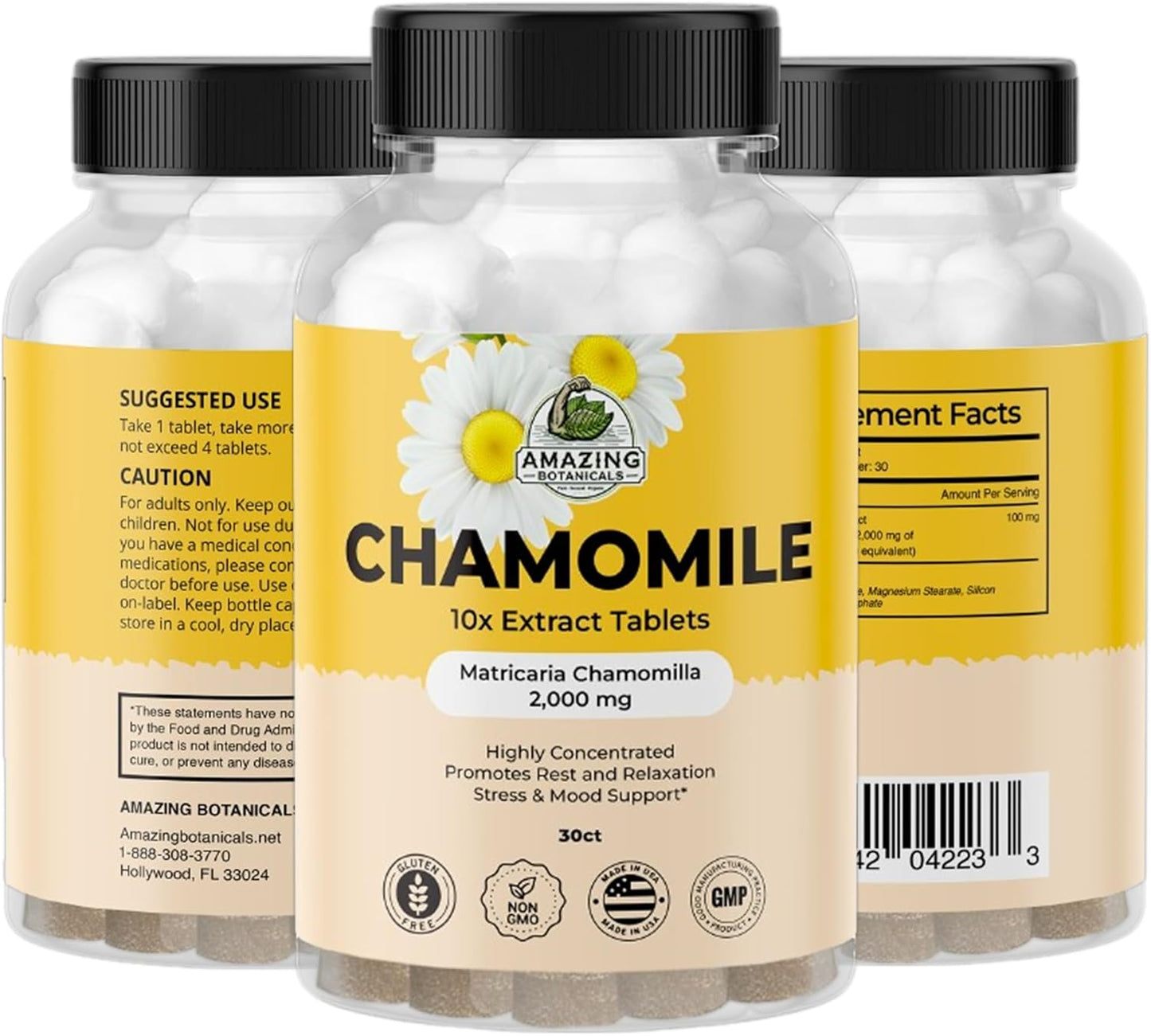 Organic Chamomile Extract Tablets - Matricaria Chamomilla Plant-Based Supplement - 10X Extract 2000 MG Each - Promotes Relaxation - 30 Tablets TLBH