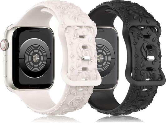2 Pack Floral Silicone Band for Apple Watch Bands 41Mm 40Mm 42Mm(S10) 38Mm Iwatch Bands Series 10 9 8 7 SE 6 5 4 3 for Women, Cute Fancy Dressy Engraved Strap