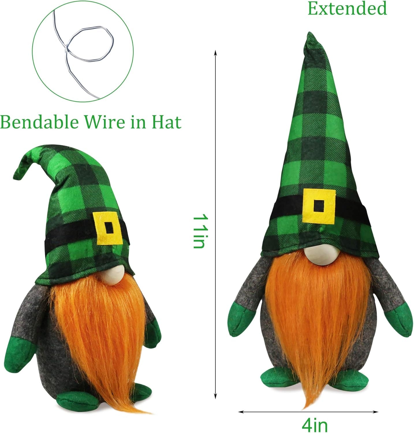 St.Patrick'S Day Gnome Plush Elf Decorations - Mr and Mrs Green Buffalo Check Plaid Handmake Scandinavian Tomte - Saint Patrick'S Day Irish Decorations, Home Table Ornament