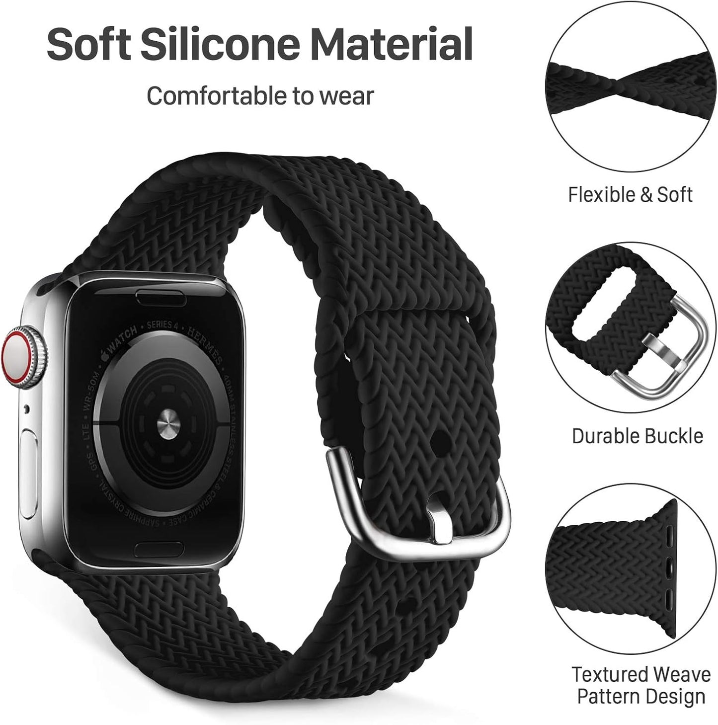 Compatible with Apple Watch Band 38Mm 40Mm Women Men Series 6, Comfortable Flexible Textured Weave Pattern Sport Wristband for Apple Watch SE Series 6 5 4 3 2 1, Black