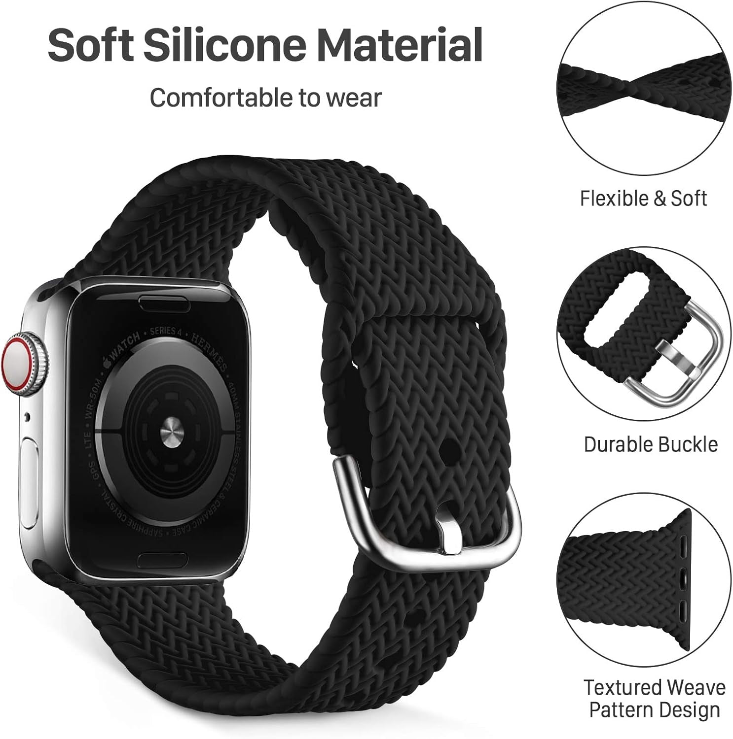Compatible with Apple Watch Band 38Mm 40Mm Women Men Series 6, Comfortable Flexible Textured Weave Pattern Sport Wristband for Apple Watch SE Series 6 5 4 3 2 1, Black