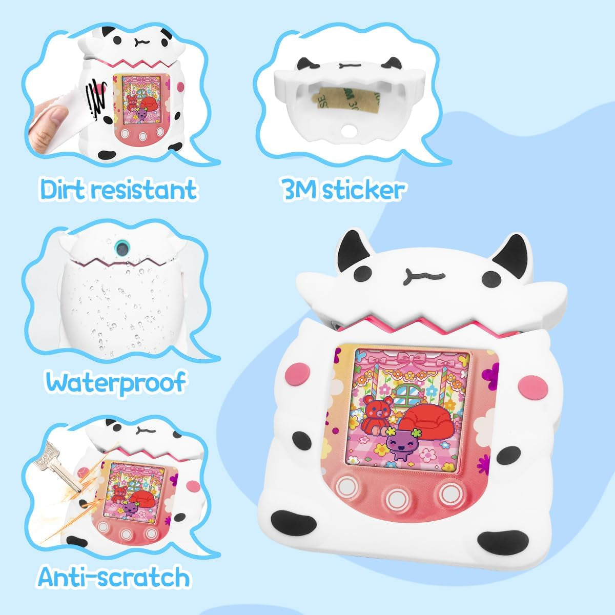 Silicone Case Compatible with Tamagotchi Pix Virtual Pet Game Machine Case, Silicone Interactive Virtual Pet Game Machine Cute Cartoon Cow Protectoive Cover with Lanyard Accessories (White) ZOUSA