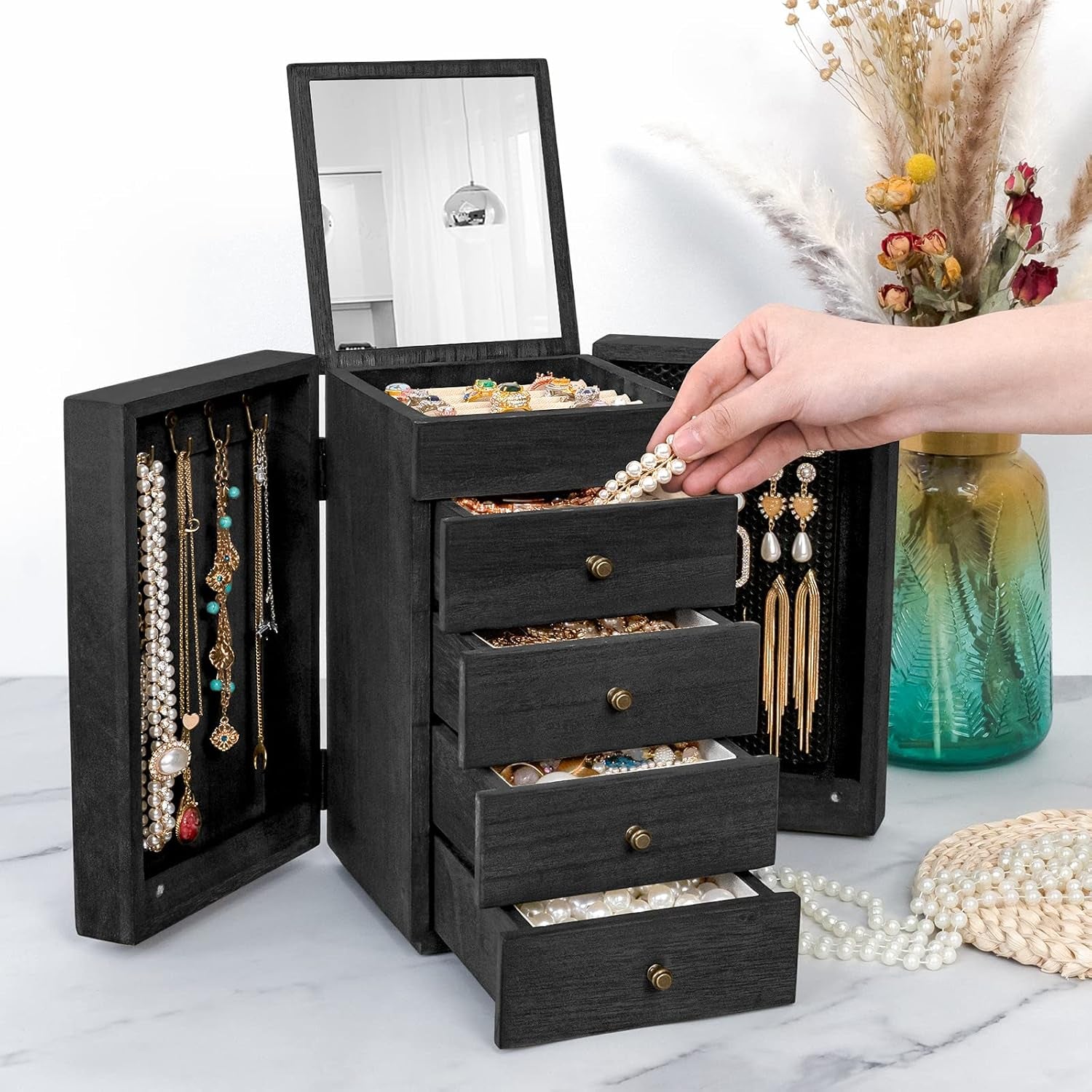 Jewelry Box Wood for Women, 5-Layer Large Organizer Box with Mirror & 4 Drawers for Rings, Earrings, Necklaces, Black