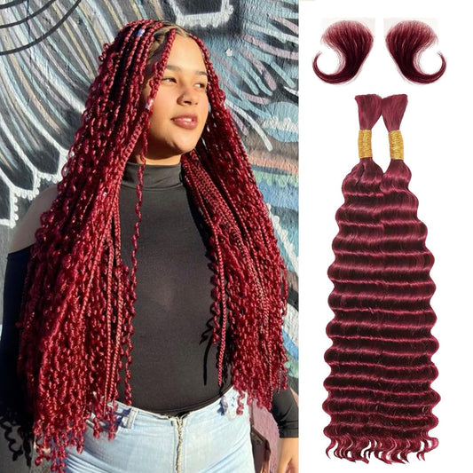 Langer 99J Burgundy Human Braiding Hair Deep Wave Bulk Human Hair for Braiding No Weft Bundle 100G 2 Bundles/Pack 16A Brazilian Virgin Water Curly Human Hair Extensions for Boho Braids Hair 20 Inch