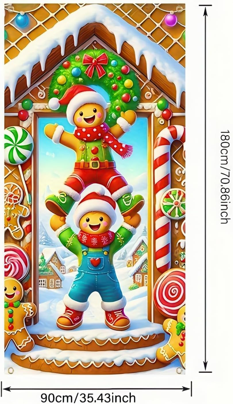 Christmas Door Cover Decorations Gingerbread House Door Cover Gingerbread Man Christmas Door Backdrop Banner Door Hanging Banner for Christmas Winter Party Holiday Supplies 35 X 71 In