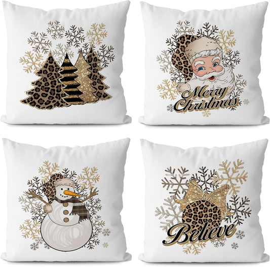 Christmas Pillow Covers Leopard Christmas Decorations Christmas Tree Santa Pillow Covers 18X18 Set of 4,Funny Santa Claus Decorative Pillow Cover,Leopard Print Pillow Covers