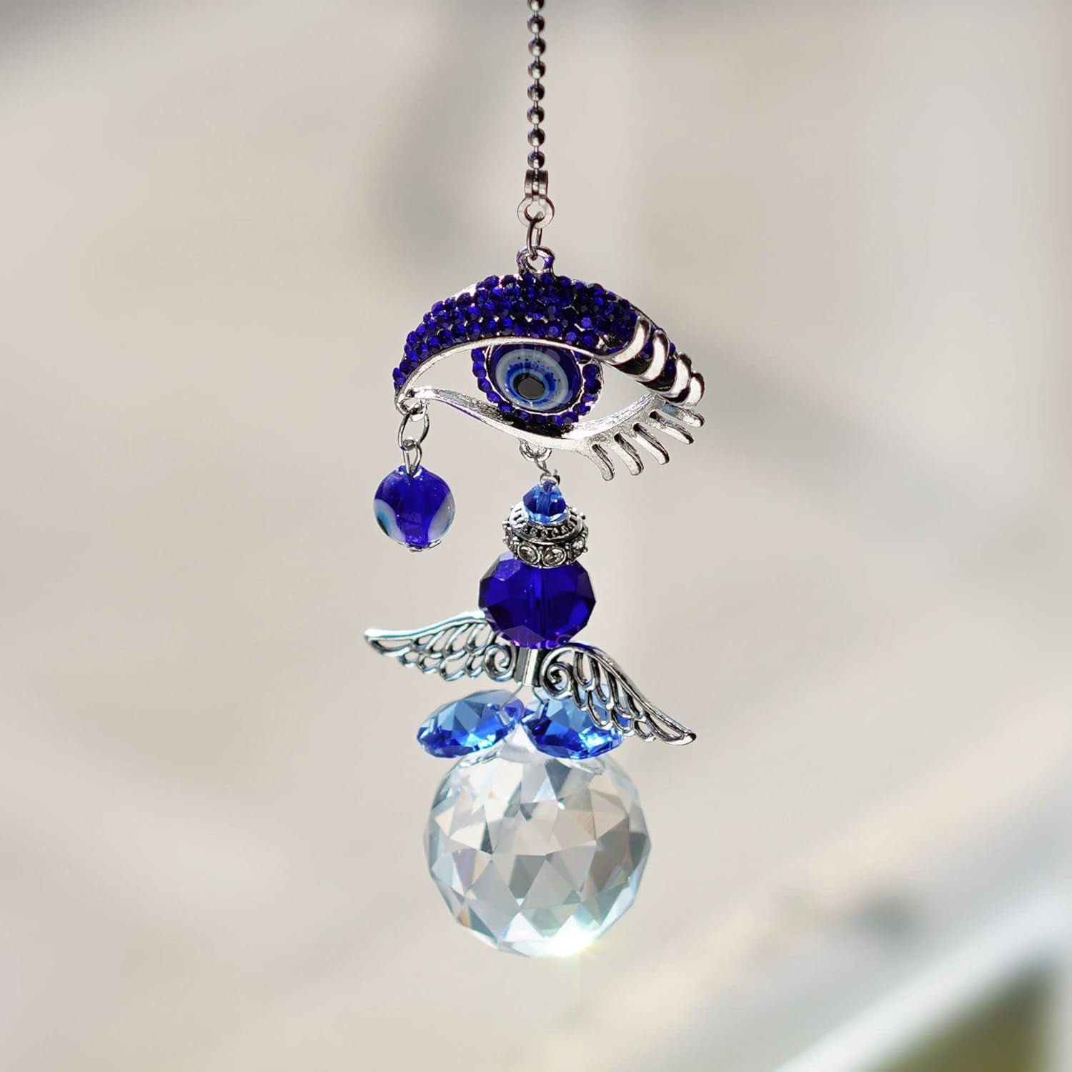 Hanging Crystal Angel Suncatcher Blue Evil Eye Protection and Good Luck Charm Chandelier Lamps Pendant(12.5In)