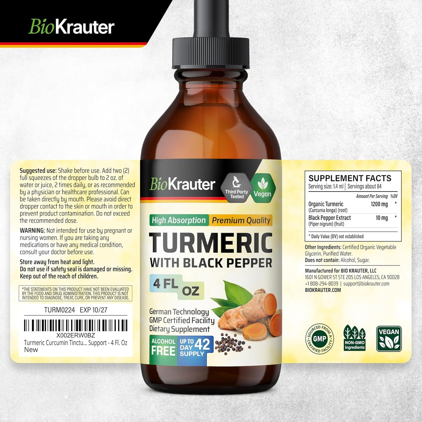 Turmeric Supplement Tincture - 1200 Mg Turmeric Curcumin with Black Pepper Extract - Alcohol and Sugar Free - Vegan Drops 4 Fl.Oz. TLBH