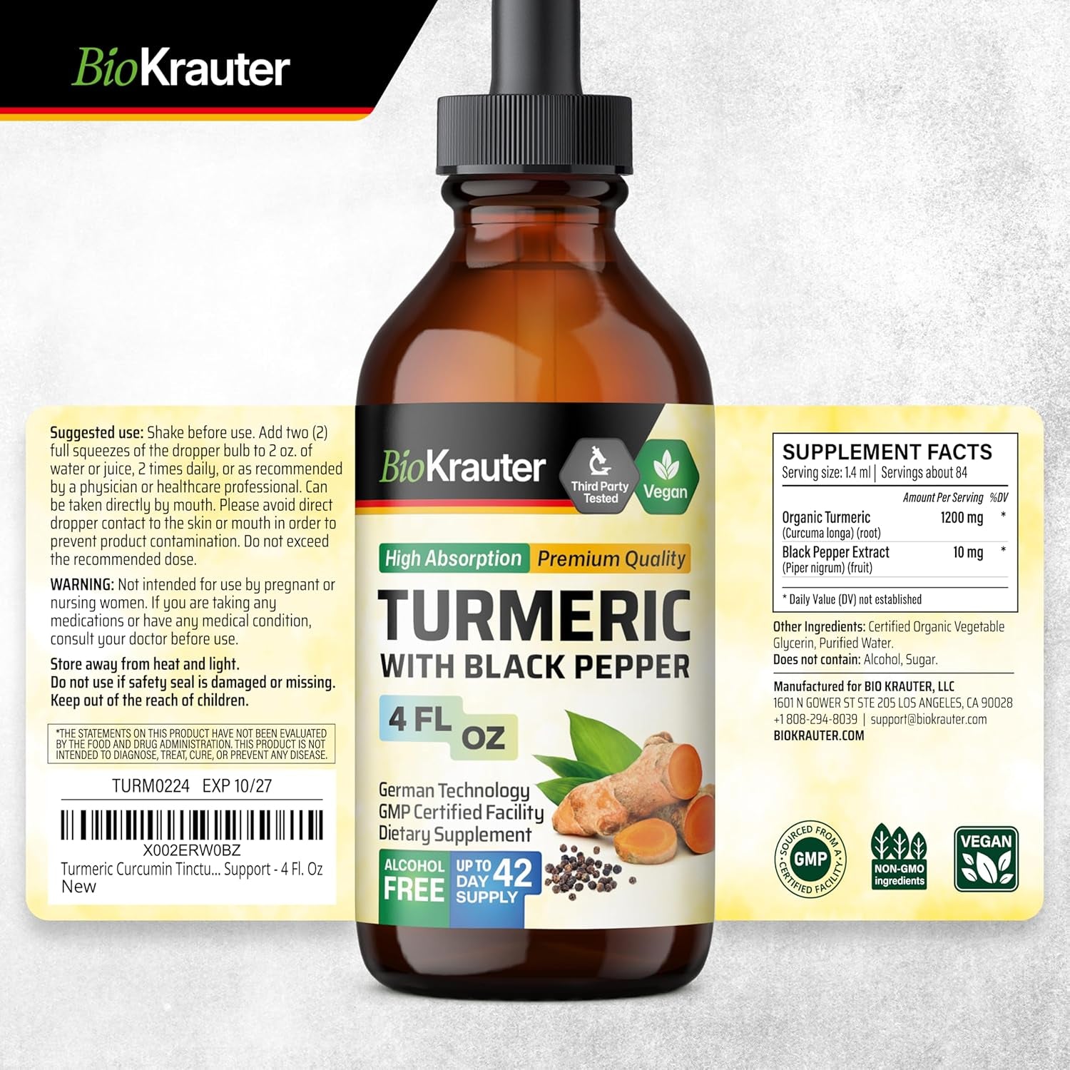 Turmeric Supplement Tincture - 1200 Mg Turmeric Curcumin with Black Pepper Extract - Alcohol and Sugar Free - Vegan Drops 4 Fl.Oz. TLBH