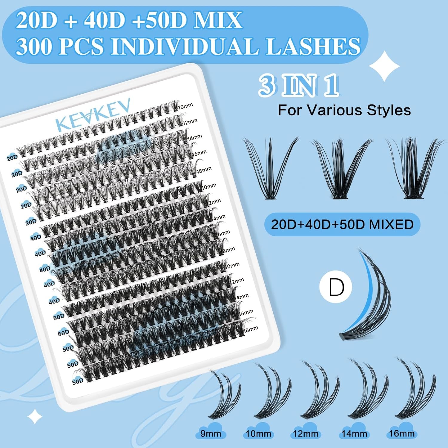 Lash Extension Kit 300Pcs Lash Clusters Kit DIY Eyelash Extension Kit with Lash Bond and Seal Eyelash Remover Lash Applicator Wispy Lashes Look like Extensions(20D+40D+50D, D-10-18Mix)