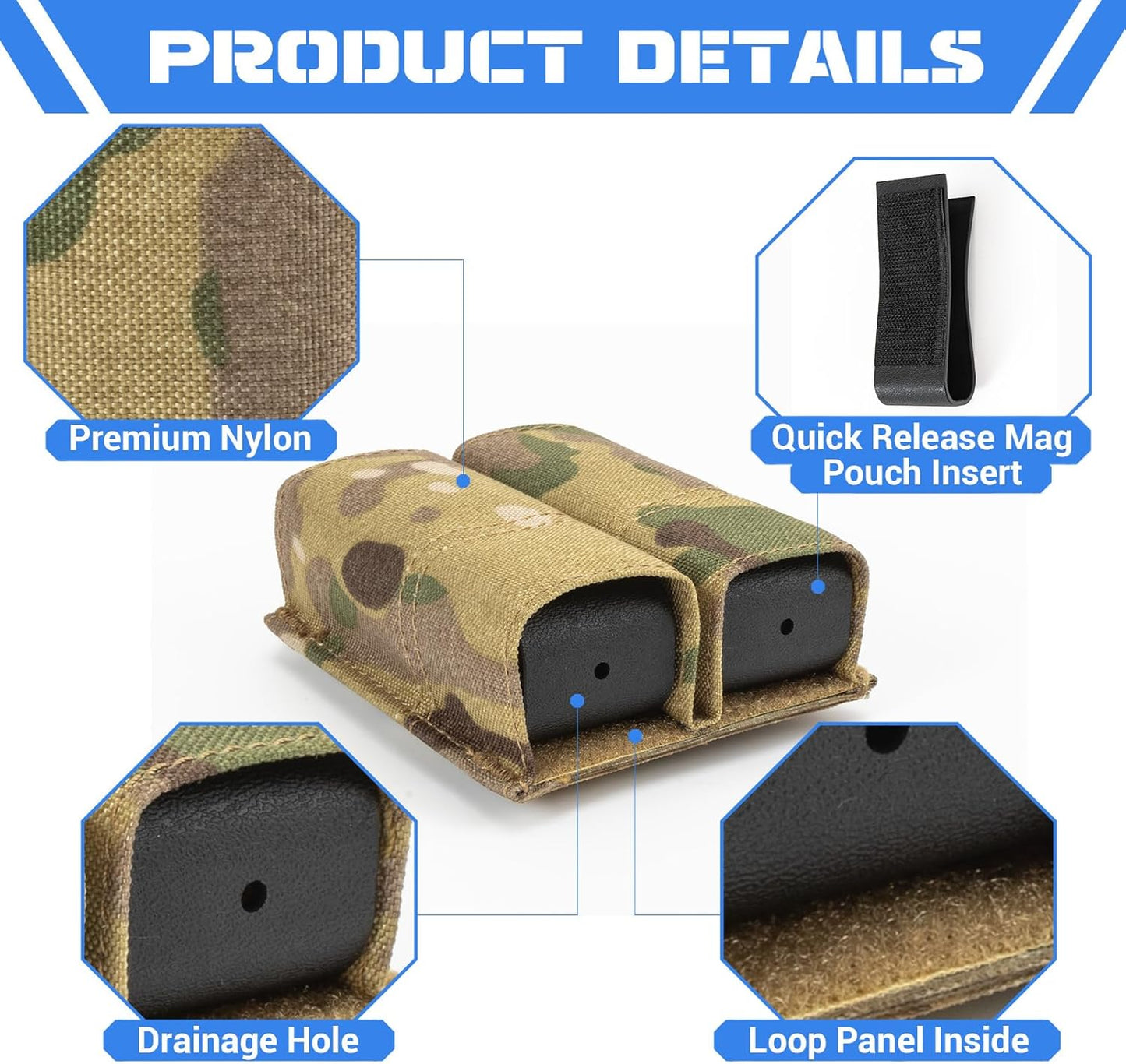 Double Pistol Mag Pouch with Quick Release, 9Mm Nylon Magazine Holder, Includes 4 Molle Elastic Bands, Premium Battle Belt Accessories