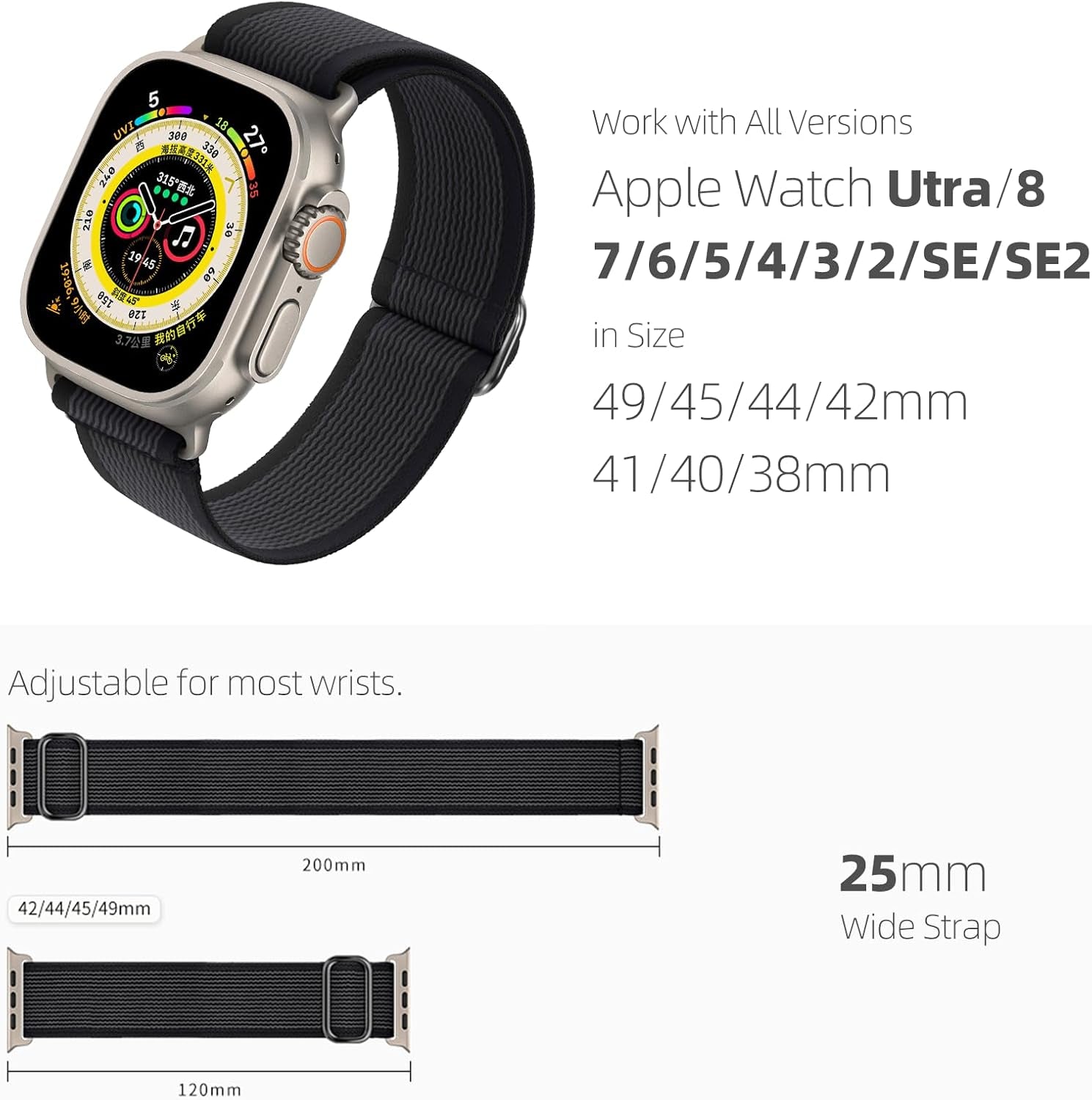 Floral Watch Band Compatible with Apple Watch Band 38/40/41Mm 42/44/45/49Mm, Cute Elastic Weave Nylon Women Girl Wristbands Straps with Embroidered Flower Print for Iwatch Series 9/8/7/6/5/4/3/2/1/Se/Ultra/Ultra 2