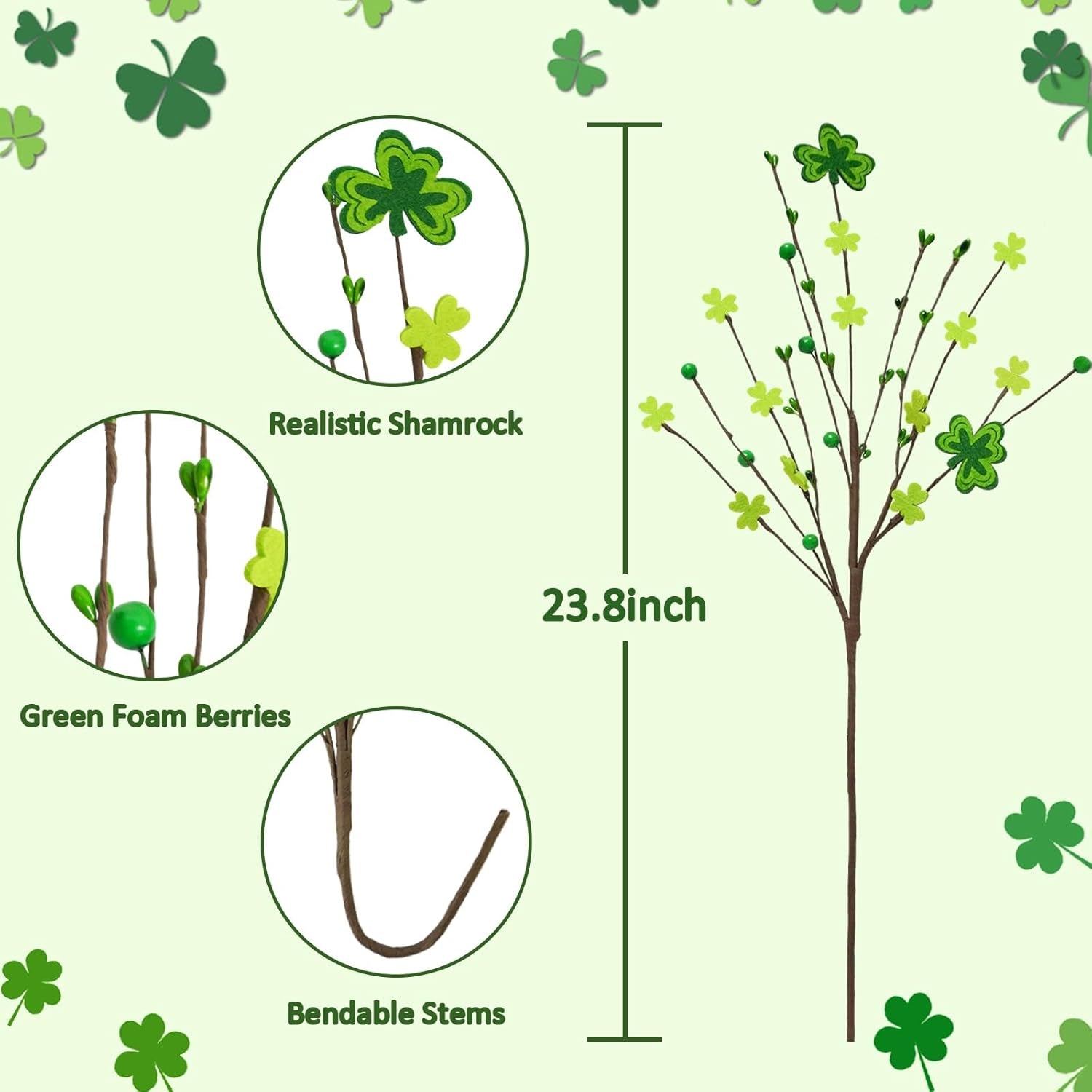 6Pcs St Patricks Day Decorations, 23.8" Artificial Shamrock Picks Fake Green Berry Stems Clover Flower Floral Branches for Home Party Table Centerpiece St. Patrick'S Day Decor