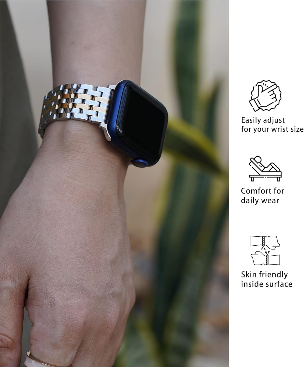 Watch Bands for Apple Watch 38Mm 40Mm 41Mm 42Mm 44Mm 45Mm for Women, Dressy Seven-Link Bands for Apple Watch Stainless Steel Metal Bands Compatible with Apple Watch 8,7,6,SE,5,4,3,2,1 for Iwatch Bands, Silver Gold Rose Gold