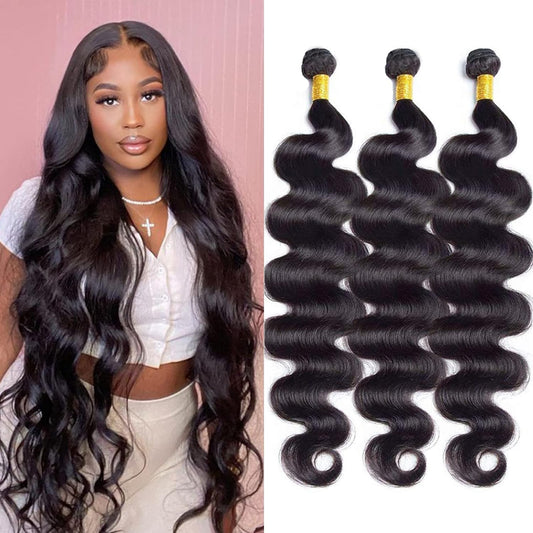 26 28 30 Inch Human Hair Bundles Body Wave 3 Bundles 100% Unprocessed Brazilian Hair Weave Bundles Body Wave Human Hair Bundles Natural Black Color 300G