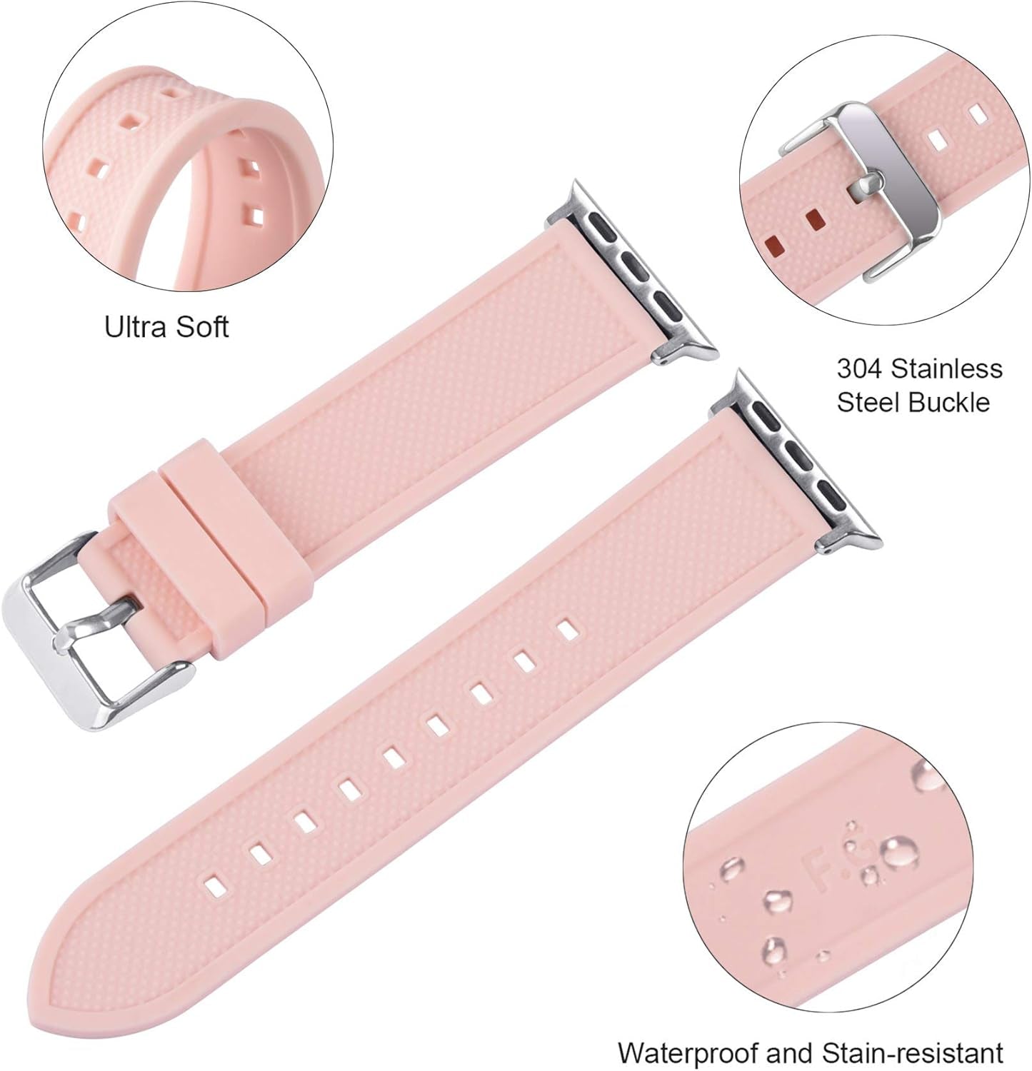 Compatible Sport Bands for Apple Watch Series 10 42Mm, 9/8/7 41Mm, SE2/SE/6/5/4 40Mm, 3/2/1 38Mm,Silicone Rubber Iwatch Band for Women Men, Pale Pink
