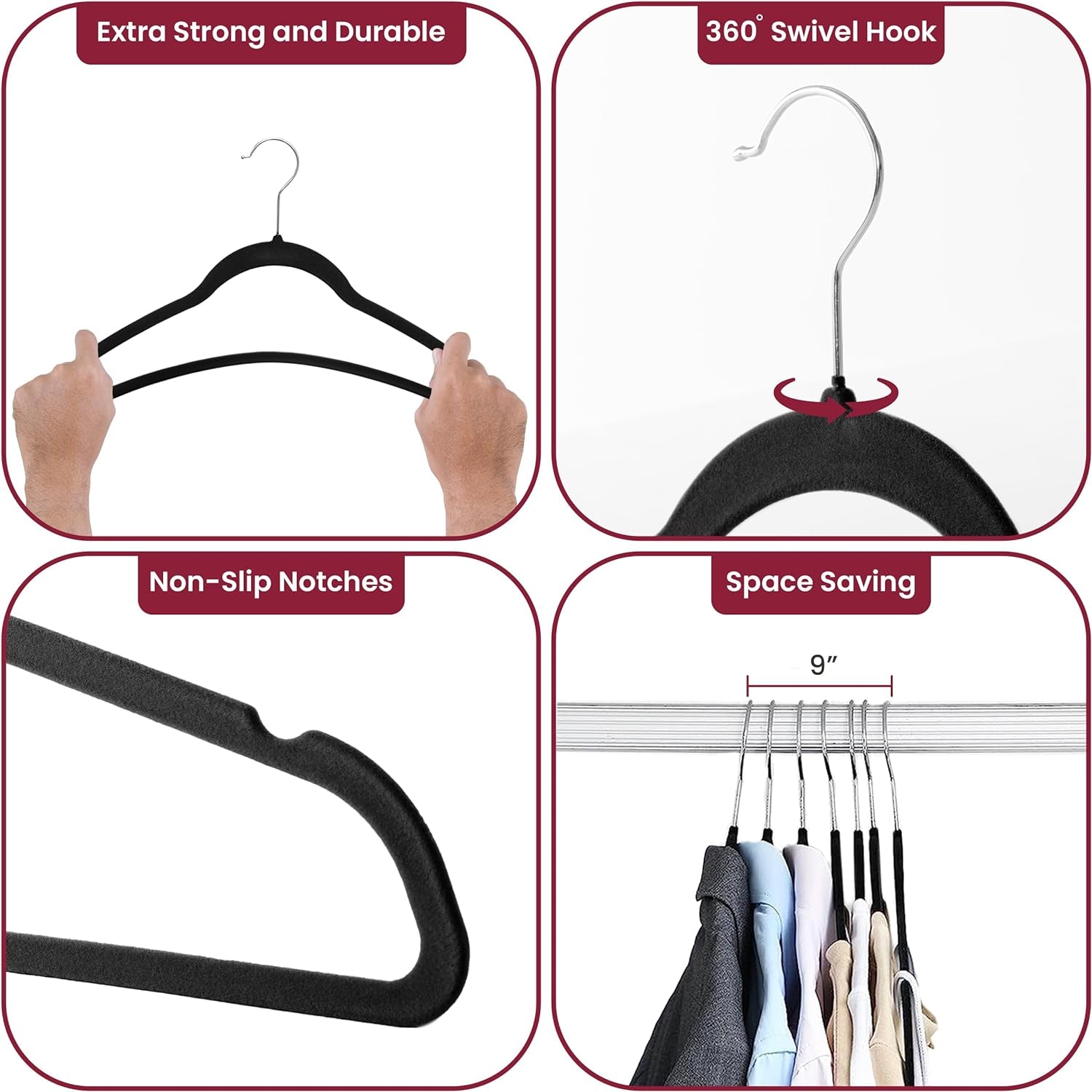 LUX Decor Black Velvet Hangers 50 Pack - Premium Non Slip Clothes Felt Hanger for Coat, Pants, Suits, Shirts - Heavy Duty Space Saving 360 Rotatable Hook Hangars - Black