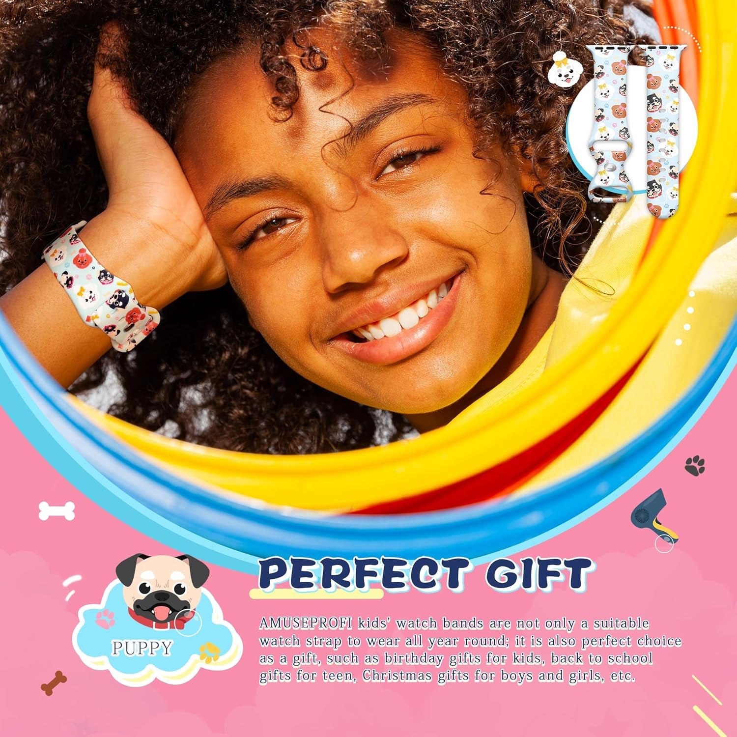 Kids Watch Band Compatible Apple Watch Bands for Kids, Iwatch Bands Compatible for Apple Watch Band for Kids, Cute Design Iwatch Bands for Kids Soft Silicone Watch Bands for Boys Girls