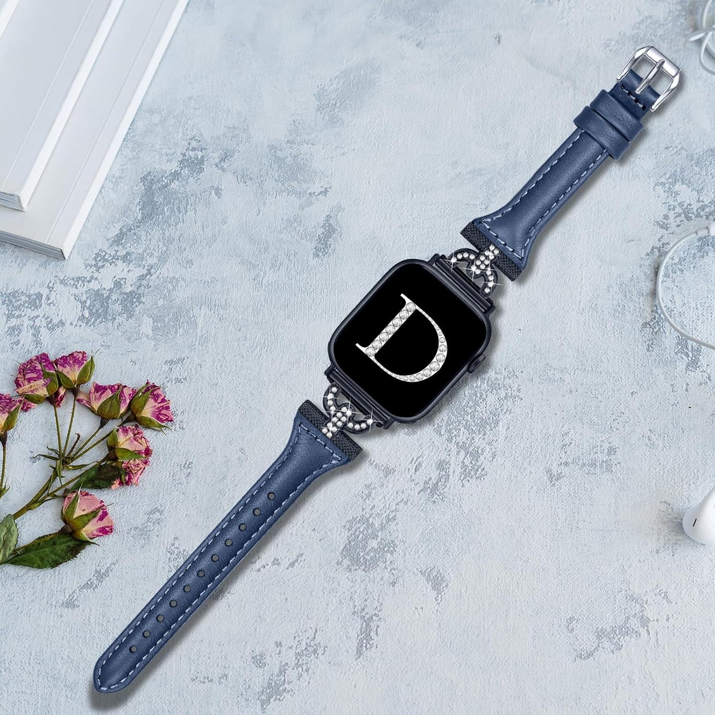 Slim Leather Bands Compatible with Apple Watch Band for Women 40Mm 41Mm 38Mm 44Mm 45Mm 49Mm 42Mm 46Mm, D-Shape Diamonds for Iwatch Women Bands Series 10 9 8 SE 7 6 5 Ultra 4 3 2 1