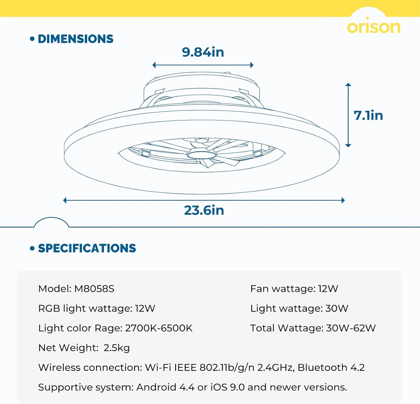 RGB Ceiling Fans with Lights, 24'' Low Profile Ceiling Fan with Light and Remote, Smart Ceiling Fans with 8 Blades, Compatible with Alexa, Google Home and App Controlled (Wood)