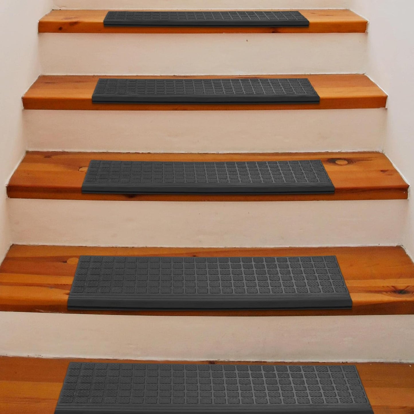 Indoor/Outdoor Hose-Wash Square Edge Design Non-Slip Rubber 10" X 25.5" Modern Stair Treads for Stairs, Garage, Patio, 5 Pack, Black