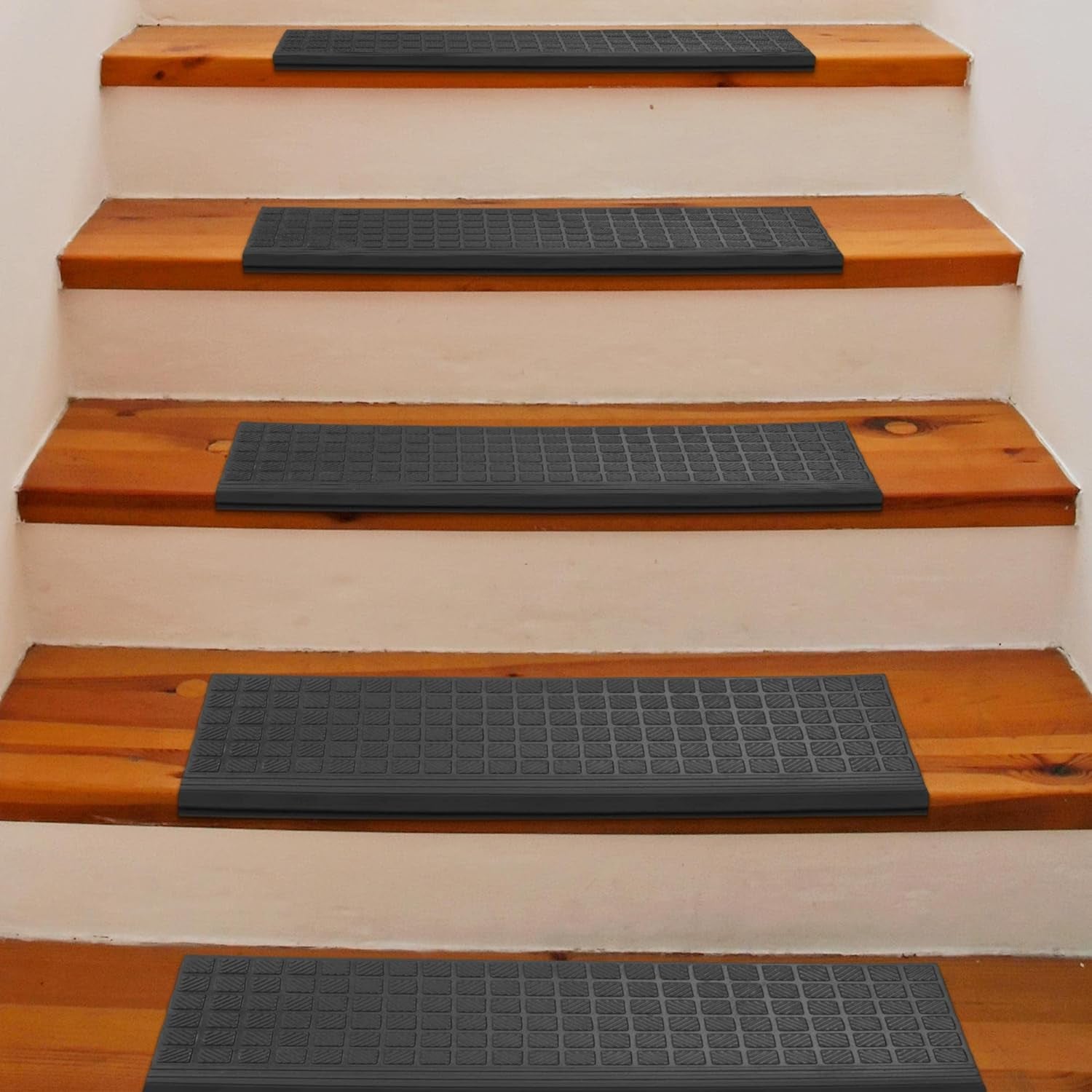 Indoor/Outdoor Hose-Wash Square Edge Design Non-Slip Rubber 10" X 25.5" Modern Stair Treads for Stairs, Garage, Patio, 5 Pack, Black