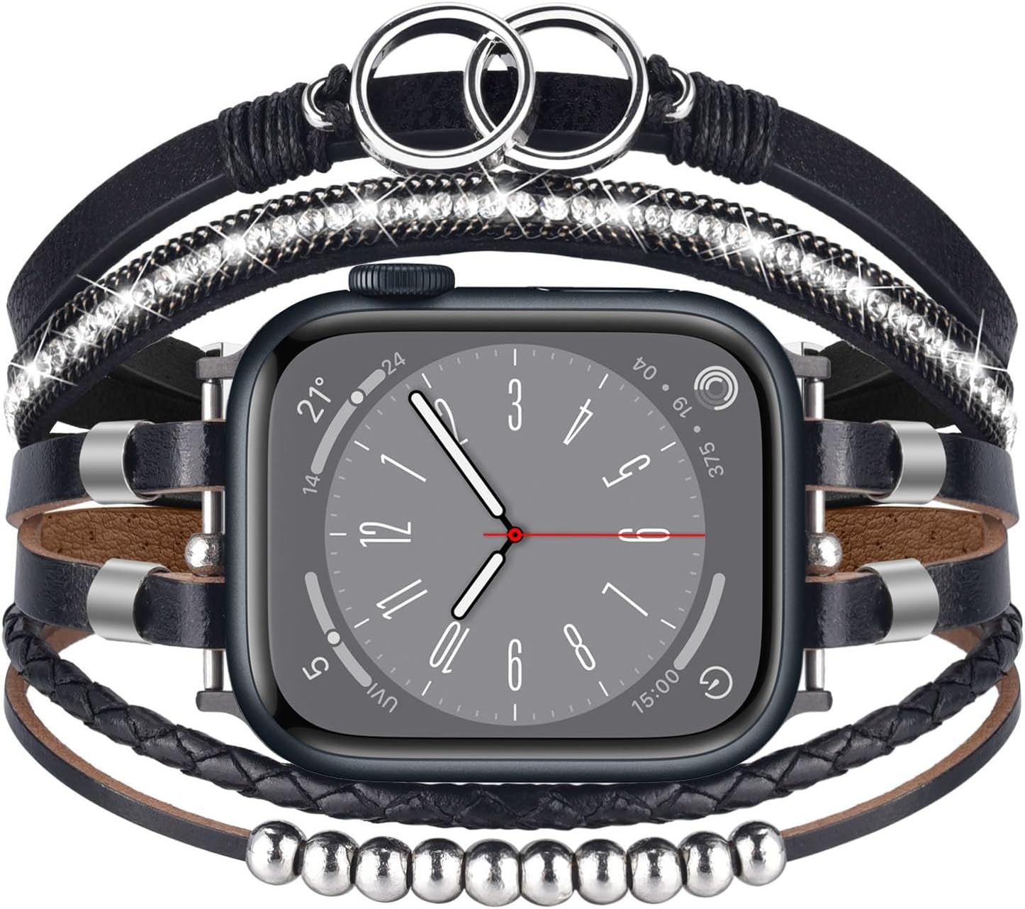 Boho Leather Bracelet Compatible with Apple Watch Band 38Mm 40Mm 41Mm Women, Handmade Multilayer Wrap Beaded Jewelry Apple Watch Strap for Iwatch Series 9 8 7 6 5 4 3 2 1 Black