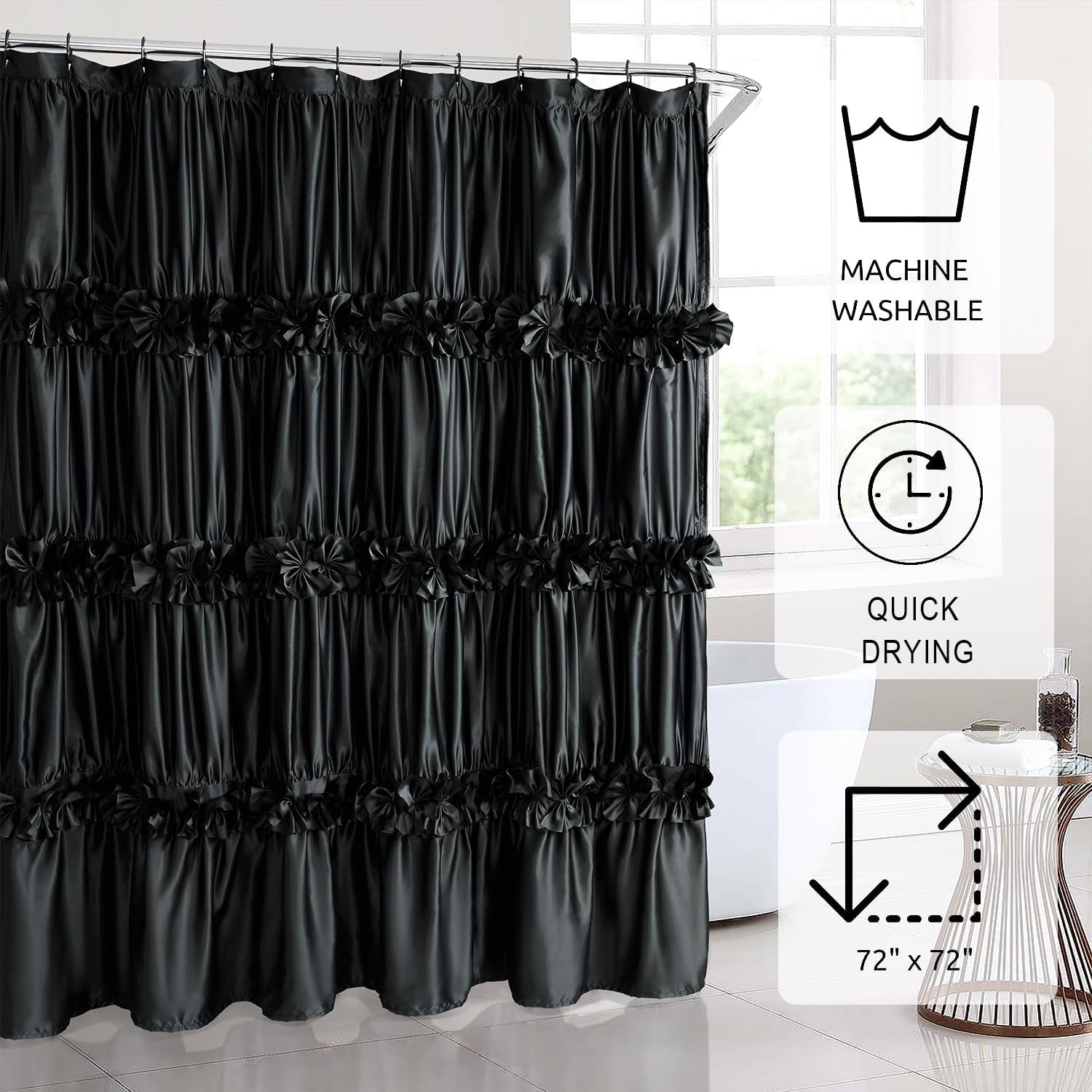 Black Ruffle Shower Curtain, Vintage Handcrafted Bow Tie Bath Curtain for Master Bathroom, Ruched Satin Bathroom Curtain with 12 Buttonholes, 72" W X 72" H (LQ-10)