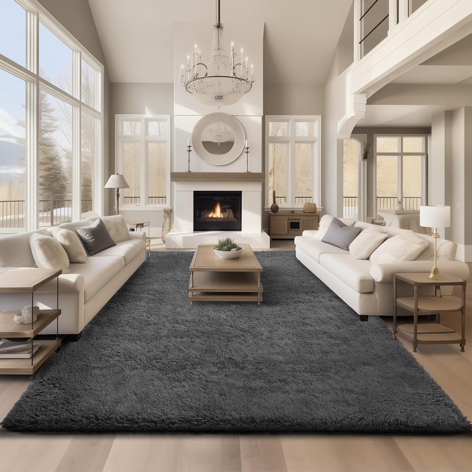 Area Rugs 9X12 Living Room, Large Grey Bedroom Carpet, Big Shag Indoor Thick Soft Nursery Rug, Gray Fluffy Carpets for Boy and Girls Room Dorm Home Decor Aesthetic