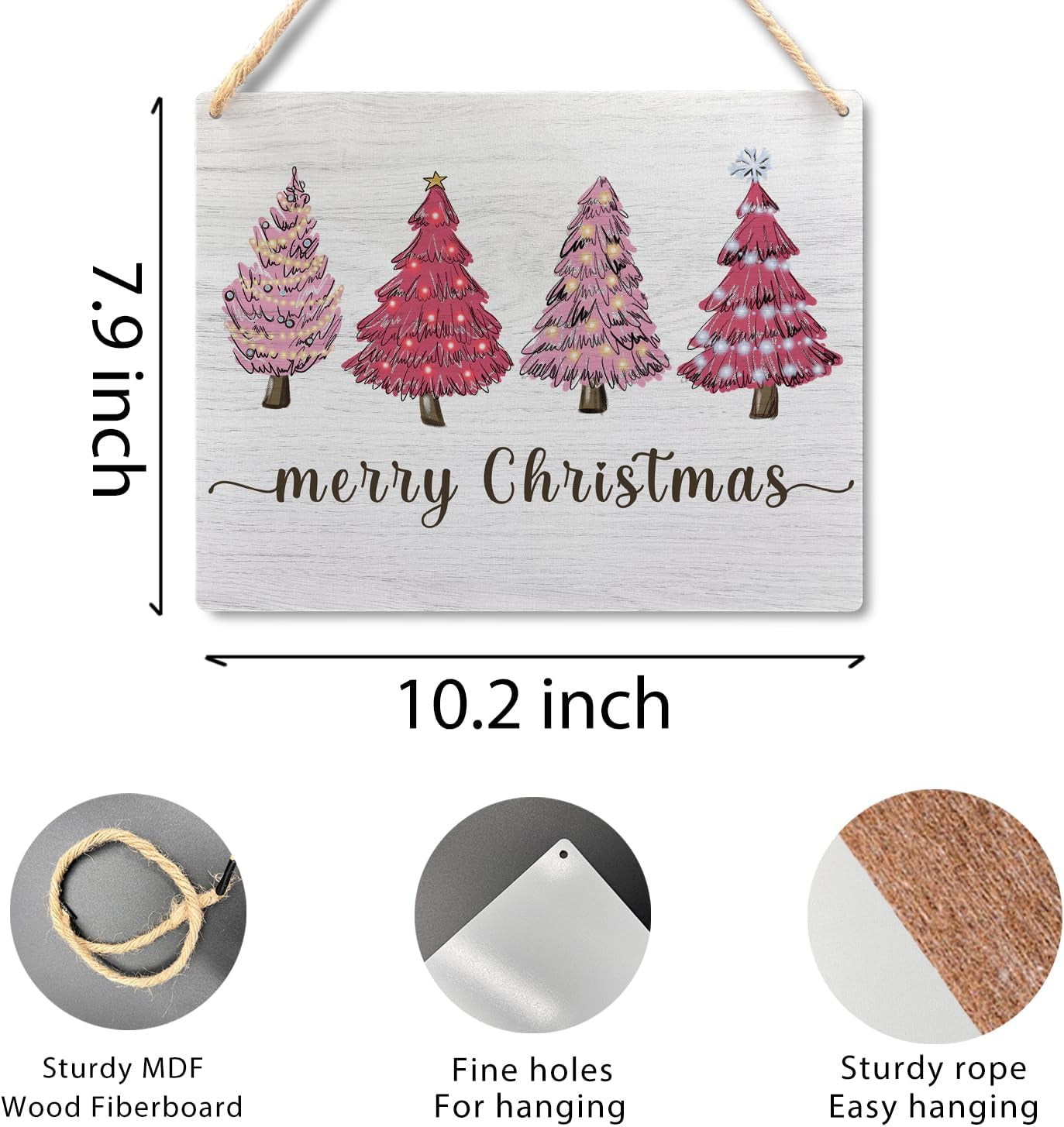 Pink Merry Christmas Wooden Hanging Sign - Pink Christmas Tree Sign, Christmas Porch Front Door Sign, Indoor Christmas Wall Hanging Decor for Bedroom Home,10.2X7.8 Inches