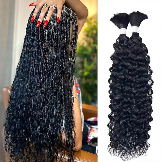 22 Inch Curly Human Hair Braiding Hair Wet and Wavy Water Wave Bulk Human Hair for Braiding No Weft Unprocessed Virgin Human Braiding Hair for Boho Braids Natural Color 2 Bundles/Pack (Total 100G)