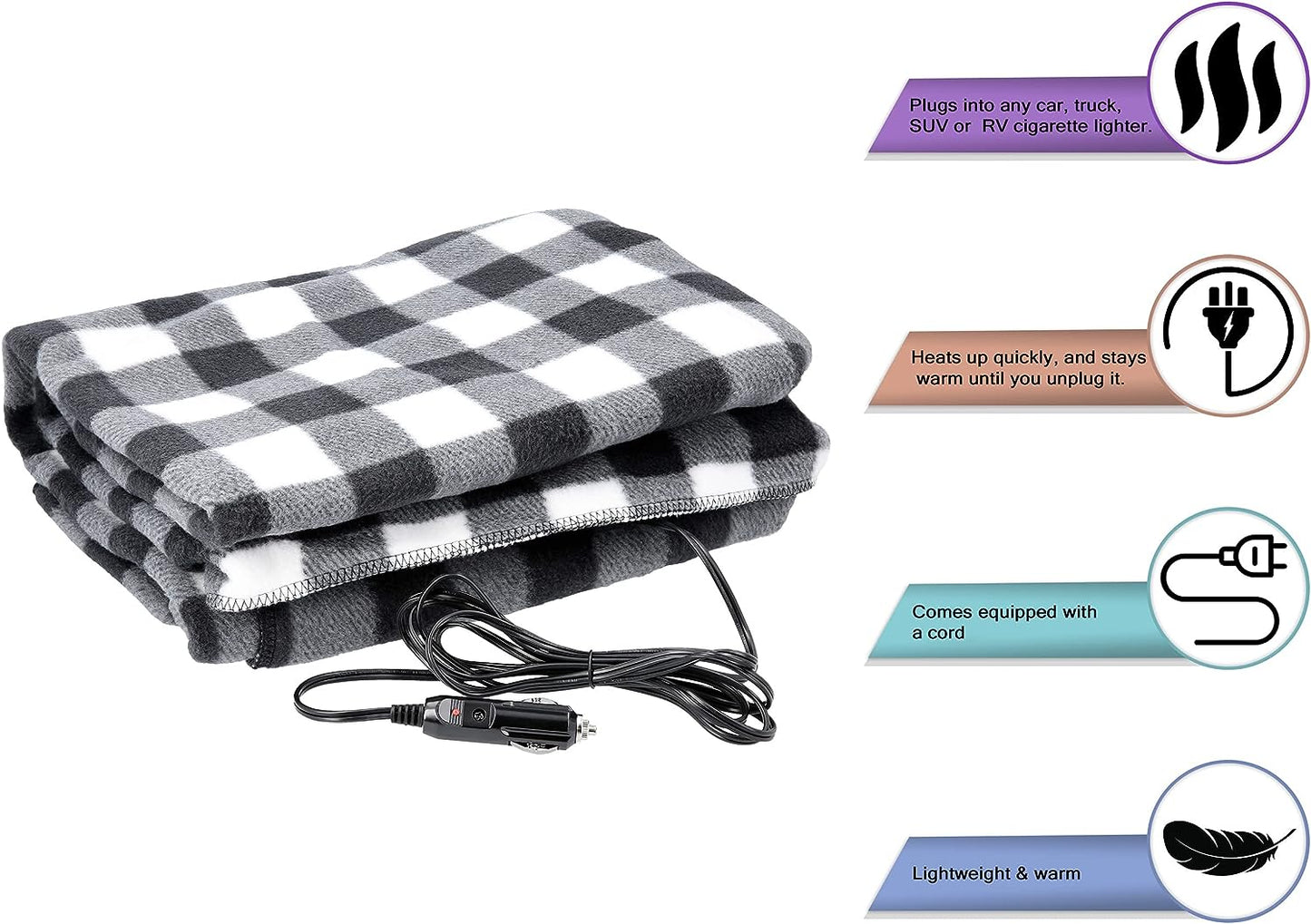 Heated Car Blanket - 12-Volt Electric Blanket for Car, Truck, SUV, or RV - Portable Heated Throw - Camping Essentials by  (Black Plaid) TRUCK DRIVER