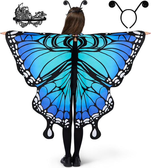 Blue Butterfly Wing Kids, Halloween Butterfly Costume for Girls with Lace Mask and Bug Headband for Halloween Costume Party