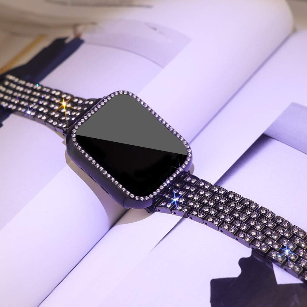 Compatible with Apple Watch Band 38Mm 40Mm 41Mm 42Mm 44Mm 45Mm 49Mm+ Case, Women Jewelry Bling Diamond Rhinestone Replacement Metal Strap& 2 Pack PC Protector Case for Iwatch Ultra 2/ Ultra Series 9/8/7/6/5/4/3/2/1/SE
