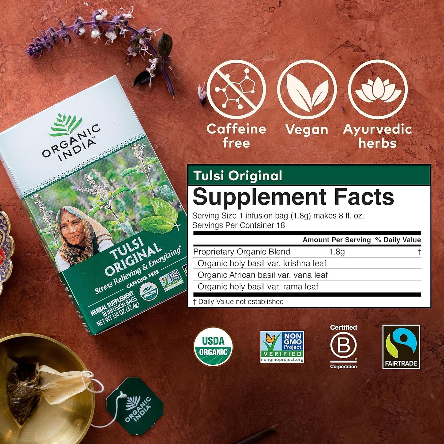 Tulsi Original Herbal Tea - Holy Basil and African Basil Calming and Stress Relief Tea, Immune Support, USDA Certified Organic, Non-Gmo, Caffeine-Free - 18 Infusion Bags, 6 Pack TLBH