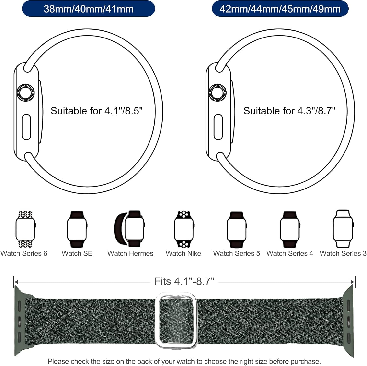 Stretchy Solo Loop Compatible with Apple Watch Band 38Mm 40Mm 41Mm 42Mm 44Mm 45Mm 49Mm, Adjustable Nylon Braided Elastic Sport Straps Womens Men Wristbands for Iwatch Series 8 7 6 5 4 3 2 1 SE Ultra, Elastic Sport Wristbands (42/44/45/49Mm, Dark Green)
