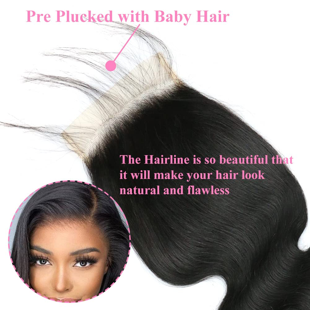 5X5 Transparent HD Lace Closure Only Body Wave Hair Closure Invisible Lace 12A Brazilian Virgin Remy Human Hair Frontal Closure 100% Human Hair Extensions Pre Plucked Natural Black 14 Inch