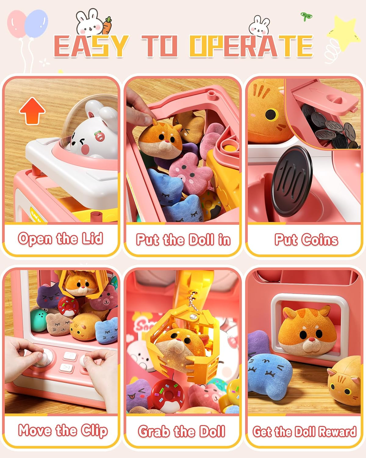 Rabbit Claw Machine for Kids, Mini Vending Machine with Game Coins & Music, Prize Dispenser Toys for Girls and Boys, Electronic Claw Game Machine for Party Birthdays, Includes 30 Mini Toys ZOUSA