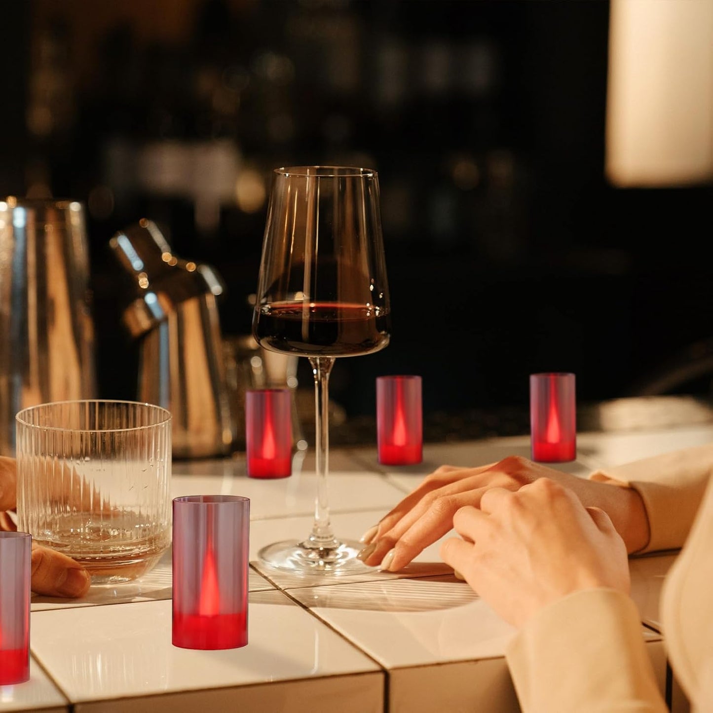 Flameless Candles, Battery Operated LED Pillar Candles, D1.5 X H3 Inch, Flickering Red Long Flame-Effect Light, Romantic Electronic Fake Votive Candles for Halloween, Set of 12 (Red)