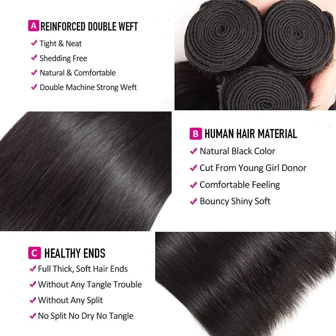 Straight Bundles Human Hair 3 Bundles 14 16 18 Inch 12A Brazilian Virgin Human Hair Bundles Straight Hair 100% Unprocessed Human Hair Natural Color