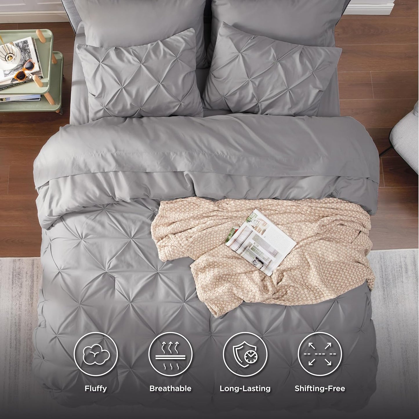 King Size Comforter Set - Bedding Sets King 7 Pieces, Pintuck Bed in a Bag Grey Bed Set with Comforter, Sheets, Pillowcases & Shams