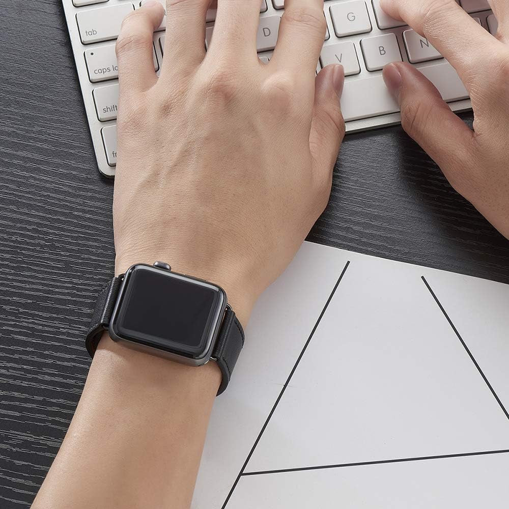 Leather Bands Compatible with Apple Watch Band 38Mm 40Mm 41Mm 42Mm 44Mm 45Mm 49Mm, Genuine Leather Strap Compatible for Women Men Iwatch SE Ultra Series 9 8 7 6 5 4 3 2 1 (Black/Black)