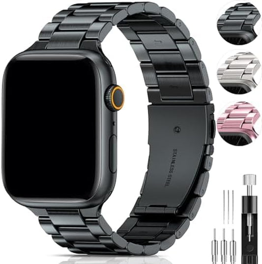 Compatible with Apple Watch Band 49Mm 45Mm 44Mm 42Mm for Men Women, Stainless Steel Metal Watch Bands for Iwatch SE2 SE Series 9 8 7 6 5 4 3 2 1 Midnight Black