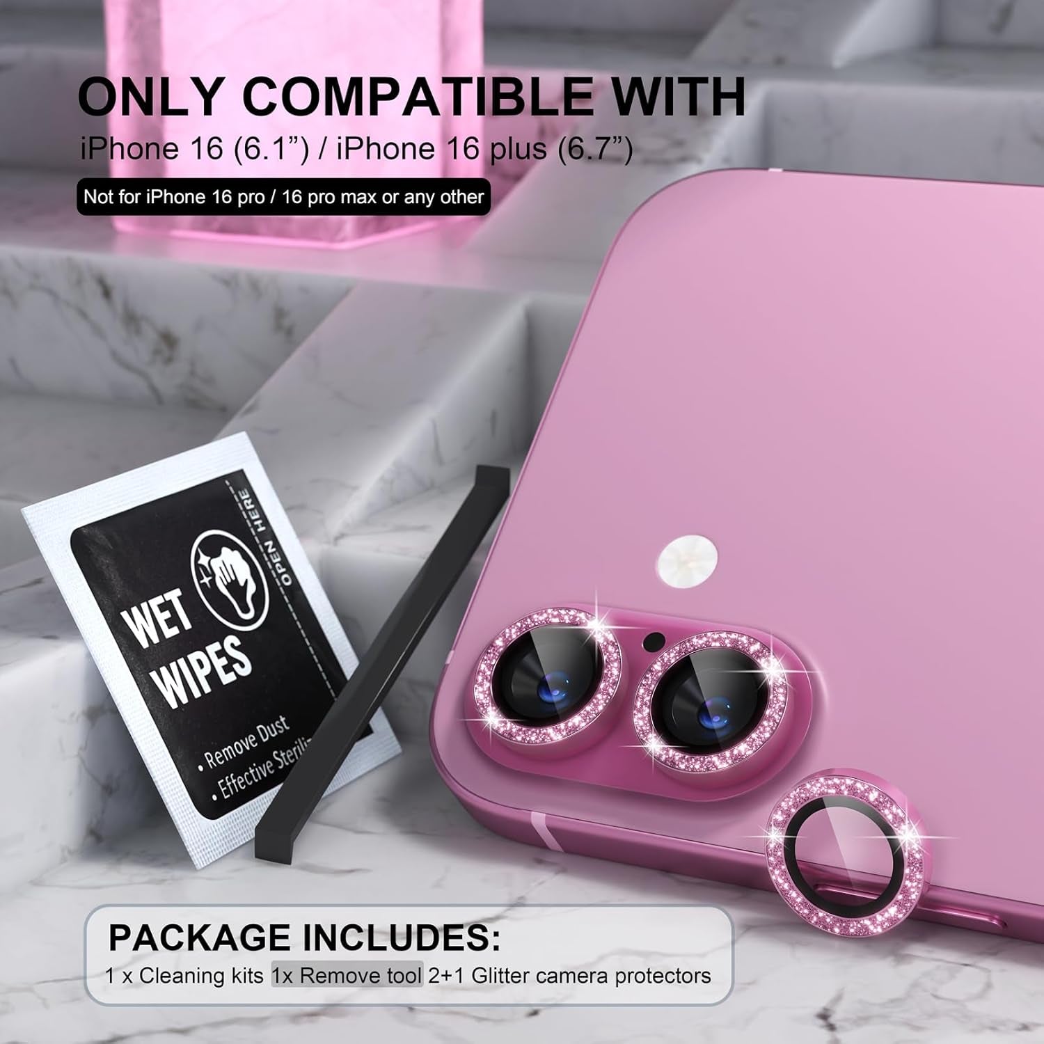 Compatible for Iphone 16 /Iphone 16 plus Camera Lens Protector Bling, 9H Tempered Glass Camera Cover Screen Protector Metal Ring Decoration Accessories(Glitter-Pink)