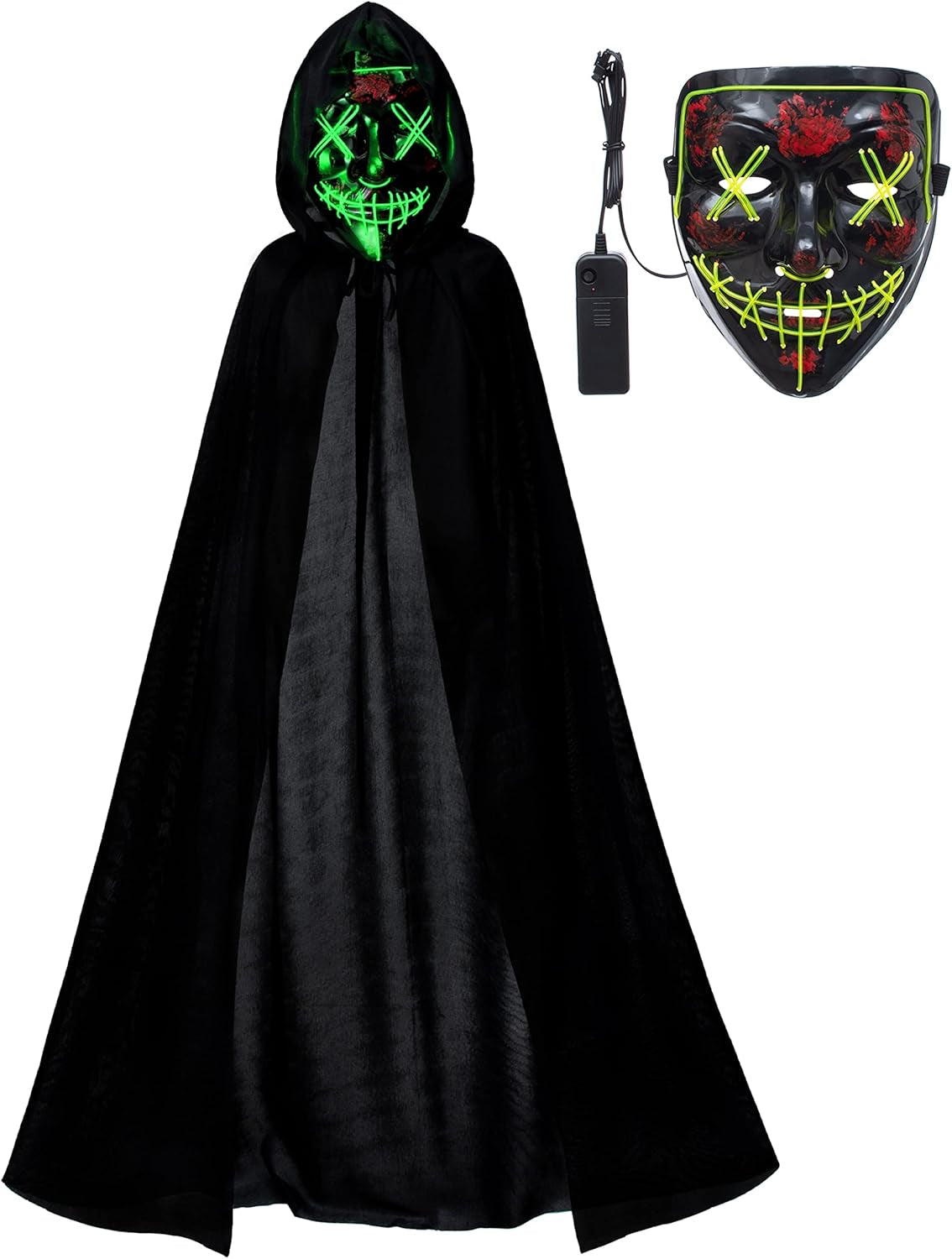 Kids Full Length Hooded Velvet Cloak Halloween Cape Costumes with LED Light up Scary Mask