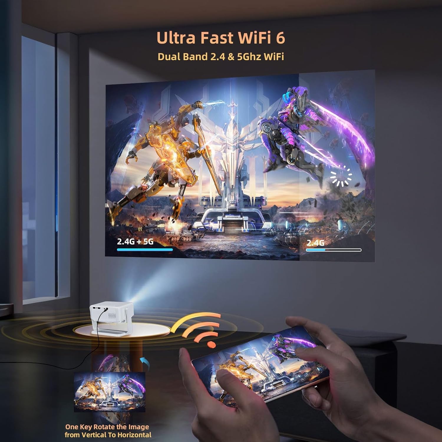 [360° Adjustable Stand] Mini Projector with Wifi and Bluetooth - Electric Focus & Auto Keystone Native 1080P Portable Projector,  L02 Movie Phone Projector for Phone/Laptop/Hdmi/Tv Sticks